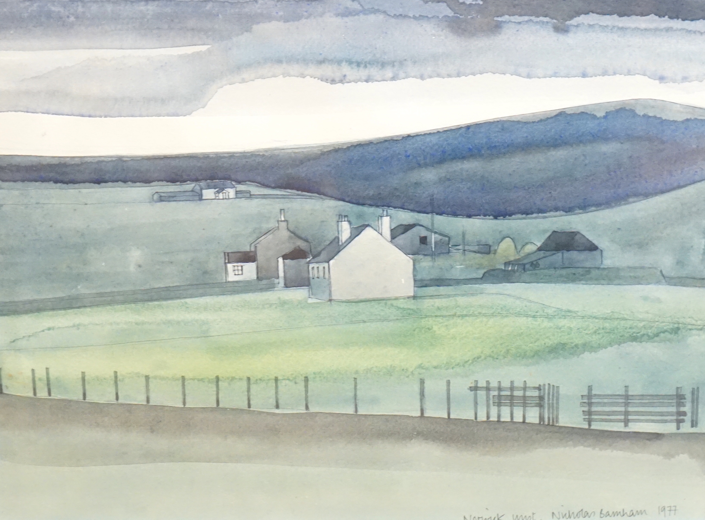 Nicholas Barnham (1939-2021), watercolour, 'Crofts at Norwick, Shetland', signed and dated 1977, Gallery label verso, 22 x 29cm